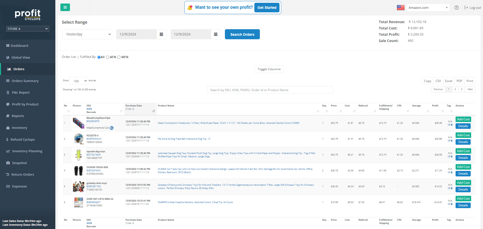 Profit Cyclops Orders page view